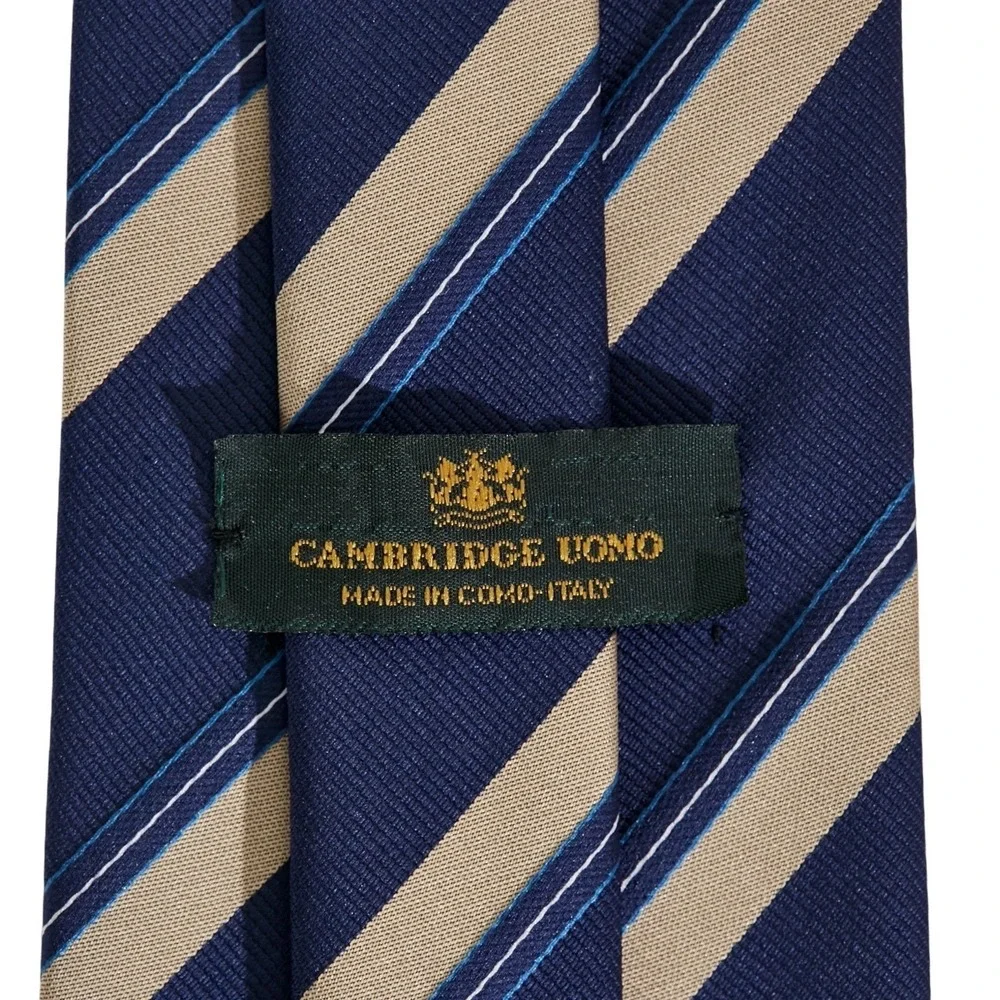 Cambridge Uomo Necktie Men's Navy Blue Tan Striped‎ Repp Silk Italy